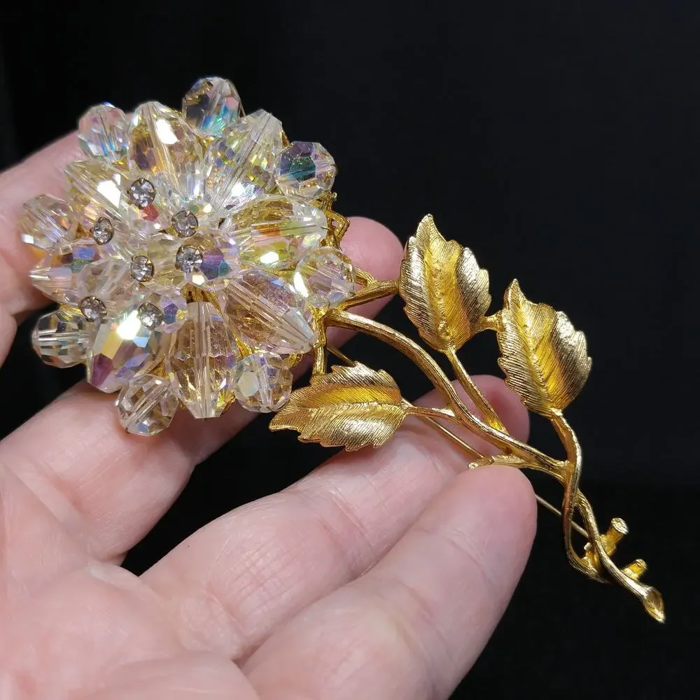 Vintage 1960s Crystal Beaded Flower Brooch, Gold Tone